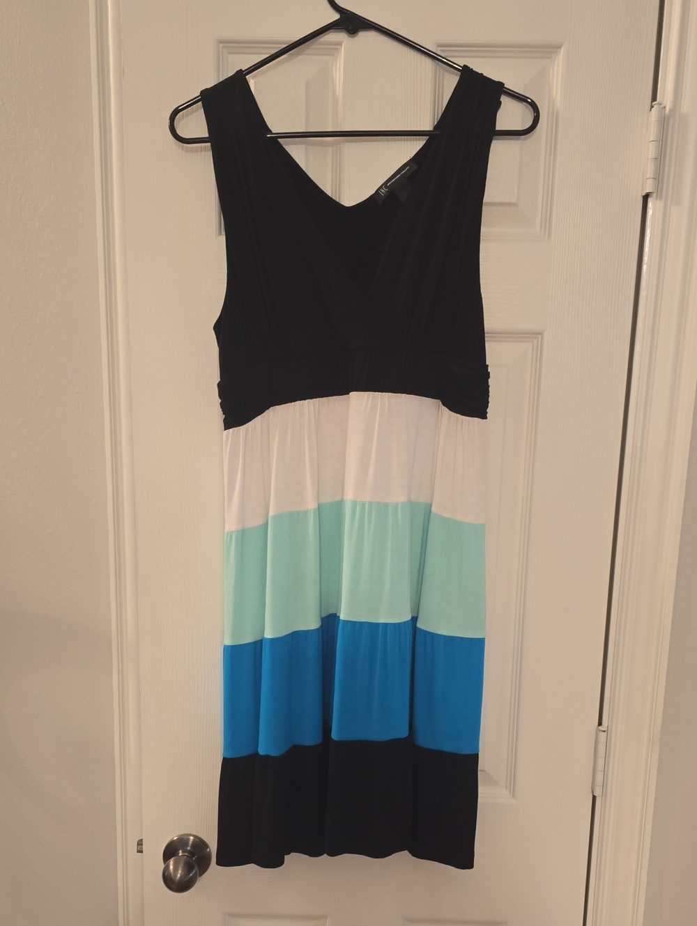 INC International Concepts Black, White, Aqua & Blue Colorblock Midi Dress
